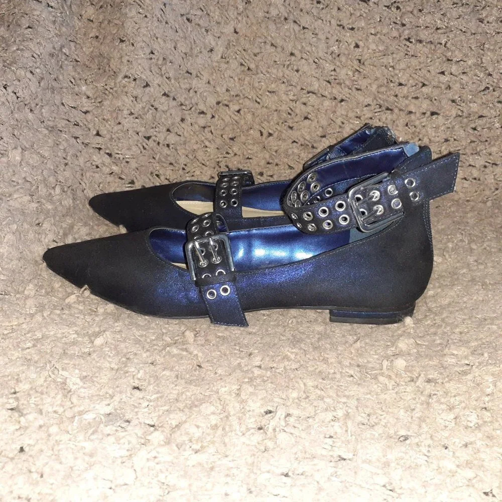 Marc Fisher-Alen-Two Strap Grommet Shimmery Blue Nubuck-Pointed Toe-Sz 8.5-Nm View 2